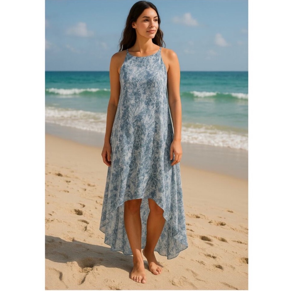 Old Navy Blue Patterned Coral High Low Maxi Dress Chiffon